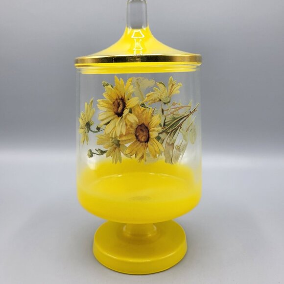 Vintage MCM Footed Glass Vanity Jar with Lid Yellow Floral Sunflower Home Decor - Picture 1 of 12